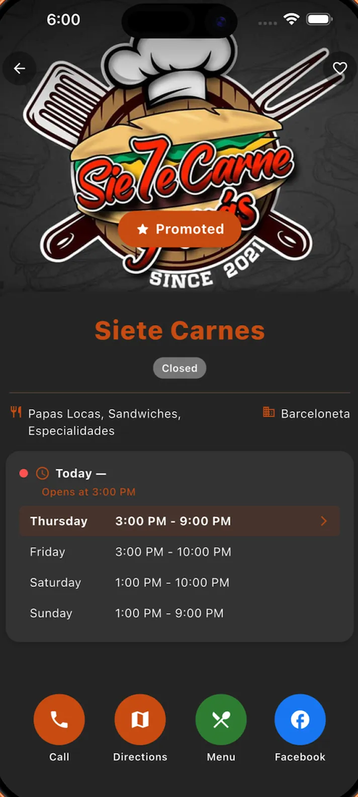 Food truck detail with hours, directions and menu